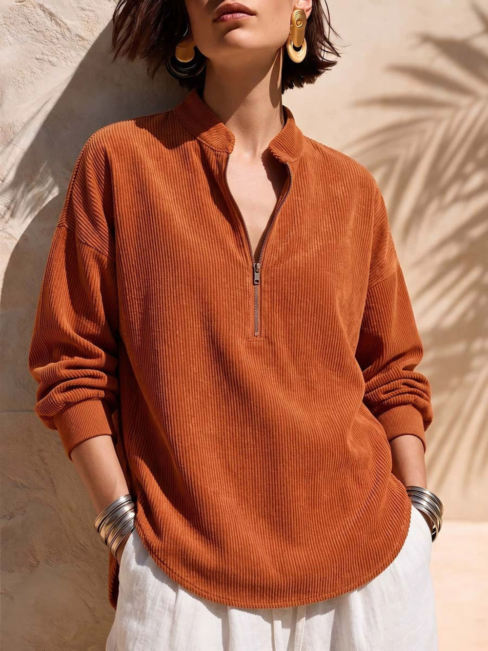 ZARA Corduroy Stand Collar Zip Up Retro Top for Everyday Casual Comfort